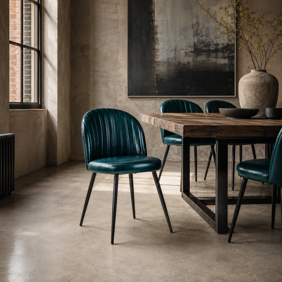 Ducie Dining Chair - Teal Blue Leather Seat - Matt Black Metal Base