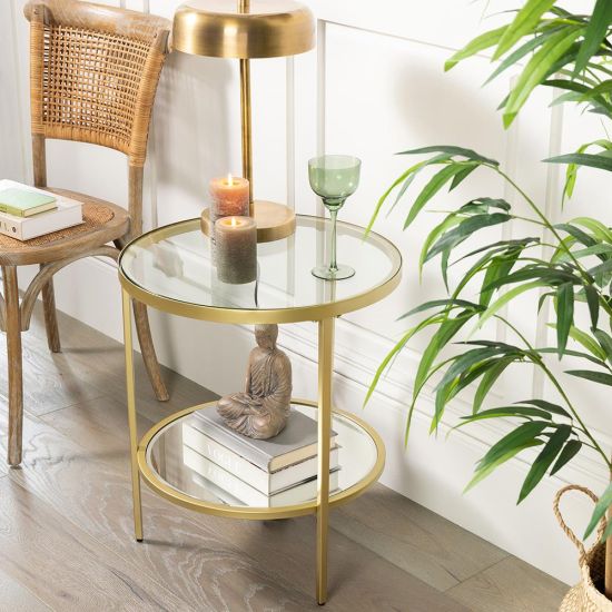 Tribeca Side Table - Round Glass Shelves - Champagne Metal Frame 50 x 50cm