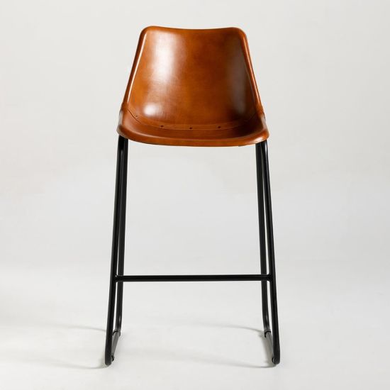 Road House Bar Stool - Plain Tan Seat Real Leather - Black Base - 66cm