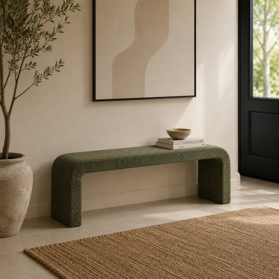 Renz Bench - Basil Green Boucle Upholstery - Curved Design - 150cm
