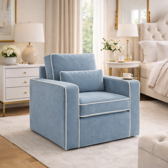 Jenson Armchair - Ice Blue Velvet Fabric - Ivory Piping Detailing