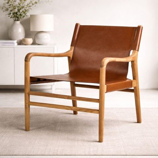 Earl Armchair - Brown Leather Lounge Seat - Natural Teak Frame