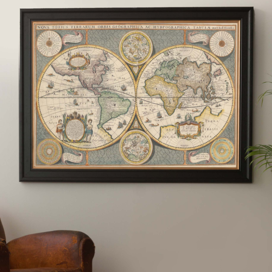 Map of the World Framed Wall Art - Black & Gold Frame