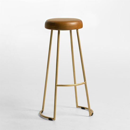 Tapas Bar Stool - Tan Real Leather Round Seat - Gold Base - 78cm