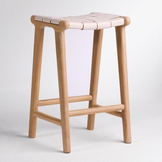 London Bar Stool Ivory Leather Woven Counter 66cm Seat Height Teak Backless Base
