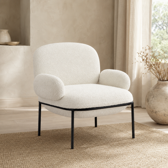 Osca Accent Chair - Ivory Sherpa Fabric Seat - Black Metal Frame