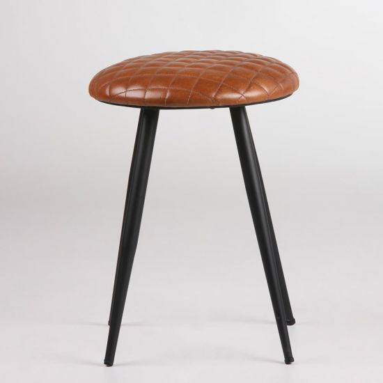 Pleated Low Stool - Tan Real Leather Round Seat - Black Legs