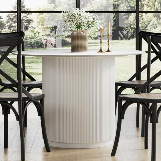 Fuji Dining Table - White Sintered Stone Round Top - Fluted Pedestal Base - 110cm