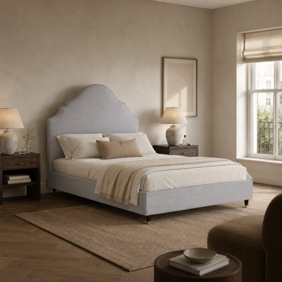 Esme Double Bed Frame - Light Grey Upholstered Fabric - Padded Headboard