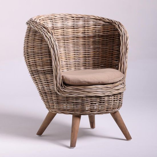 Tub Accent Armchair - Grey Cushioned Seat - Natural Rattan Frame