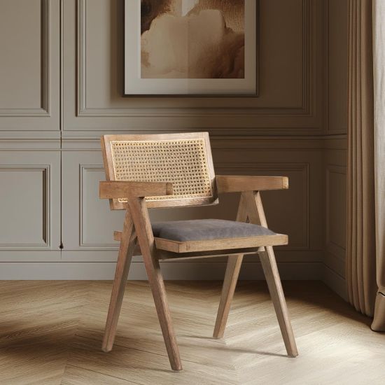 Adagio Inspired Dining Chair - Grey Fabric Seat & Cane Backrest - American Oak Frame