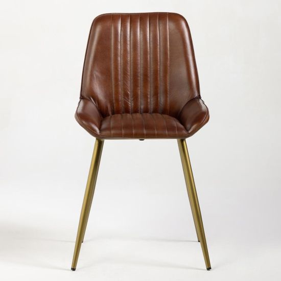 Brooklyn Dining Chair - Brown Real Leather Seat - Dull Gold Base
