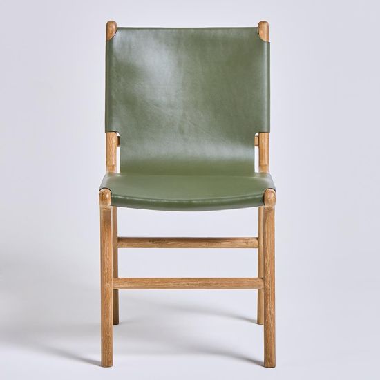 London Dining Chair - Green Real Leather Sling Seat - Teak Frame