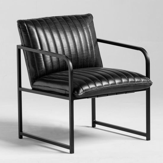 Wilman Armchair - Real Black Ribbed Leather Seat - Black Metal Frame