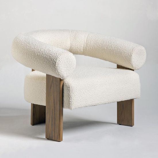 Girona Armchair - White Boucle Fabric Seat - 3 Legged Curved Ash Frame