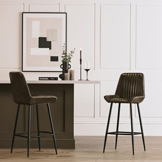 Brooklyn Bar Stool - Grey Leather Seat - Black Metal Base - 75 cm