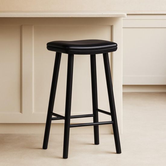 Lhasa Bar Stool - Black Leather Seat - Black Teak Frame - 66cm