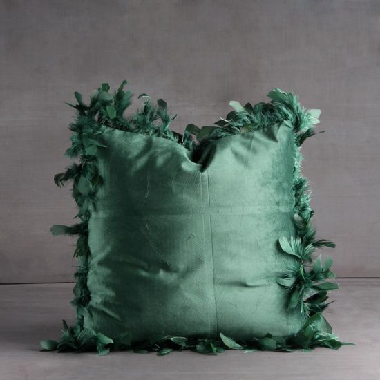 Elton Square Cushion - Green Velvet - Feather Edged Design - 45 x 45cm