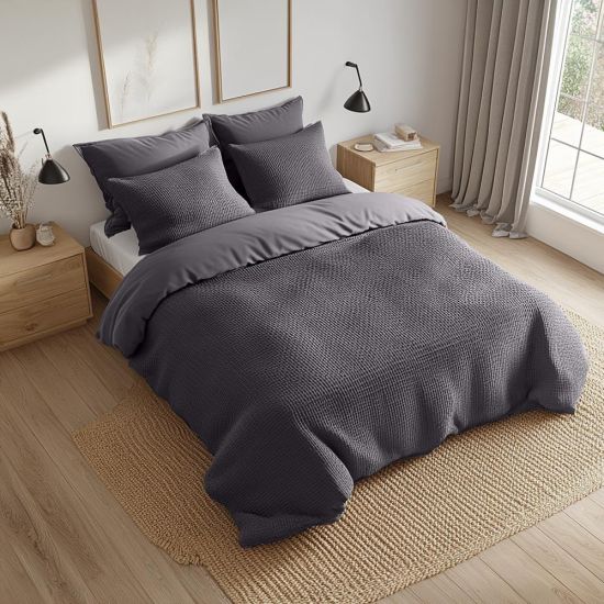 Duvet Cover & Pillowcase Set - Dark Grey - Cotton Waffle Design - King