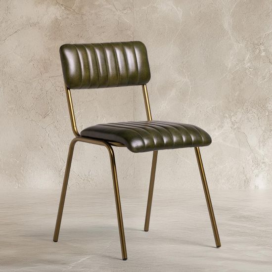 Diner Dining Chair - Green Leather Seat - Antique Brass Frame