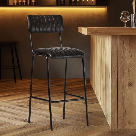 Diner Bar Stool - Grey Real Leather Seat - Grey Natural Metal Frame - 75cm