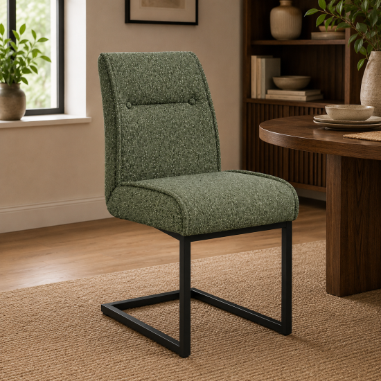 Harlow Dining Chair - Desert Sage Fabric Seat - Black Cantilever Metal Frame - Set of 2