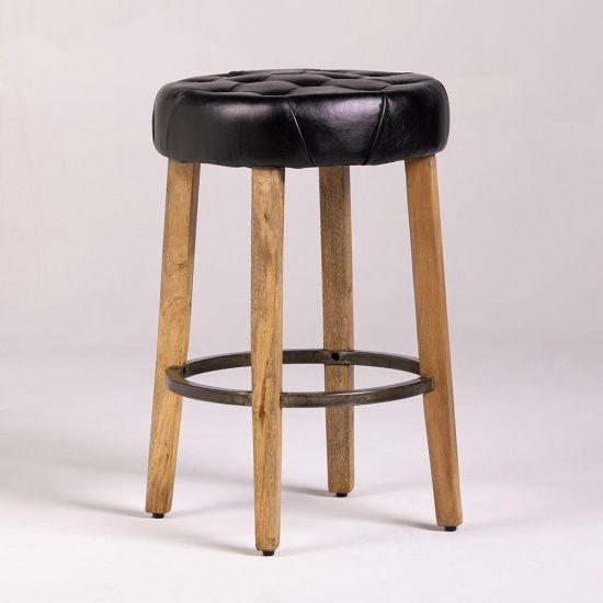 Brixton Bar Stool - Real Round Black Leather Seat - Wood Frame - 66cm