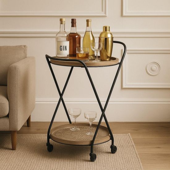 Cordelia Drinks Trolley - 2 Tier Brown and White Pattern - Black Metal Frame