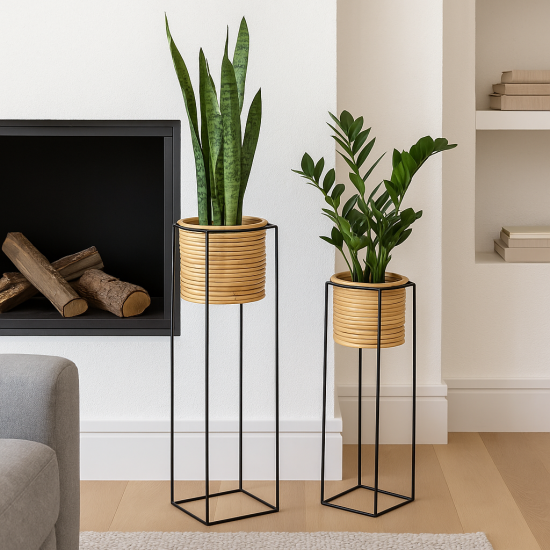 Char Plant Pots - Natural Rattan Planter - Black Iron Stand - Set of 2