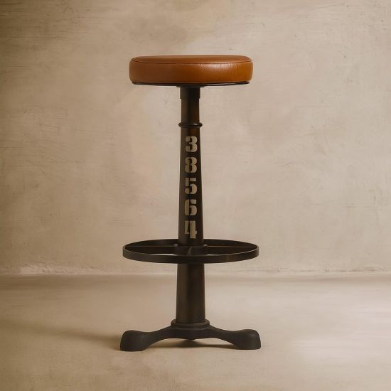 Singer Bar Stool - Tan Leather Round Seat - Metal Base - 75cm