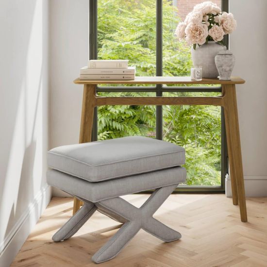 Emilia Low Stool - Linen Blend Fabric Pillow Seat - X-Shaped Legs