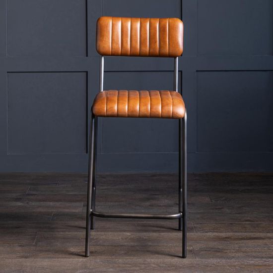 Diner Bar Stool - Tan Real Leather Seat - Grey Metal Frame - 66cm