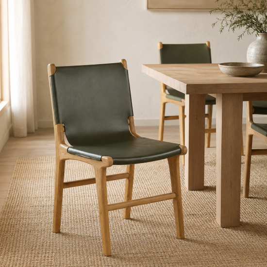 London Dining Chair - Green Leather Sling Seat - Teak Frame