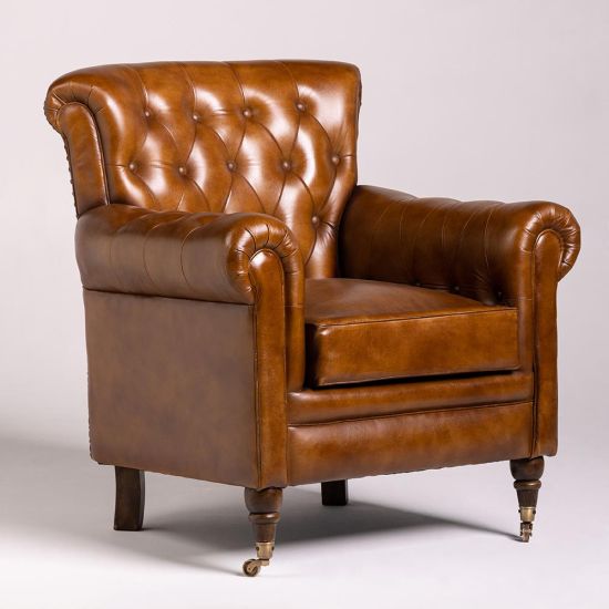 Newham Chesterfield Armchair - Real Brown Leather Seat - Wooden Legs with Wheels