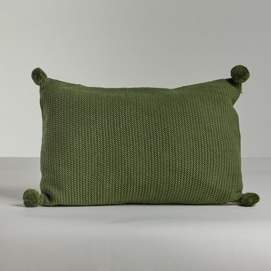 PomPom Rectangular Cushion - Green - Stitched Weave Design - 60 x 40cm