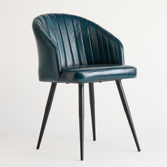 Wilson Dining Chair - Blue Real Leather Seat - Black Metal Base