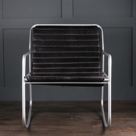 Rocker Chair - Real Leather Black Seat - Nickel Frame