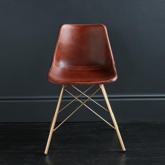 Gansevoort Chair Brown plain Leather Seat with Gold Cross Legs Base