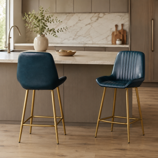 Brooklyn Bar Stool - Blue Leather Seat - Dull Gold Metal Base - 66 cm