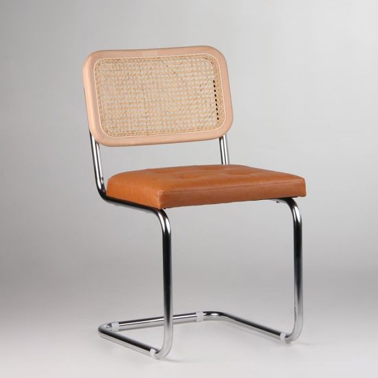 Cesca Inspired Dining Chair - Tan PU Leather Seat - Chrome Frame