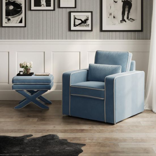 Emilia Low Stool - Ice Blue Soft Velvet Fabric Pillow Seat - X-Shaped Legs