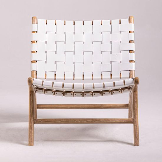 London Lazy Accent Chair - Real White Leather Straps - Teak Base