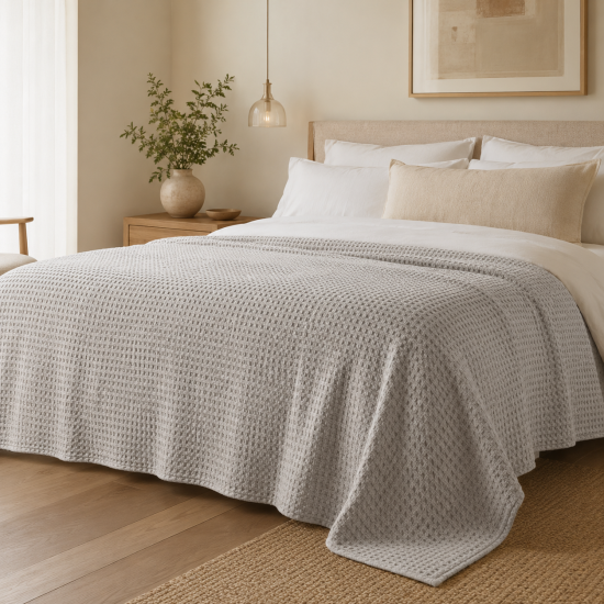 Light Grey Waffle Cotton Bedspread - 2.5 x 2.6m Bed Runner