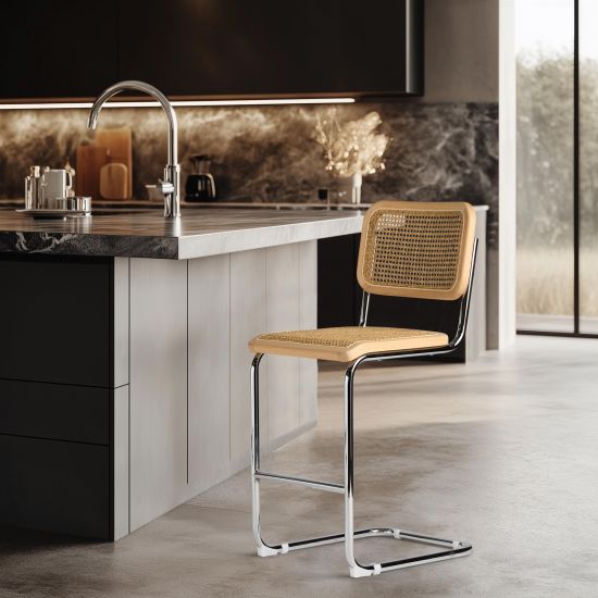 Cesca Inspired Bar Stool - Natural Cane Seat - Metal Chrome Frame - 64cm