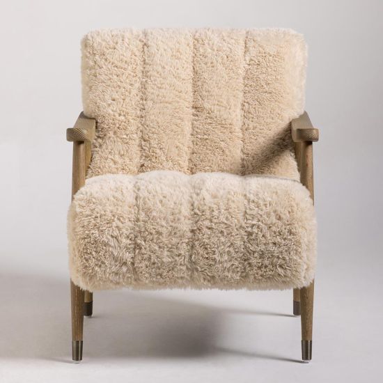 Barcelona Armchair - Faux Sheepskin Fur Sand Seat - Solid Oak Brushed Frame