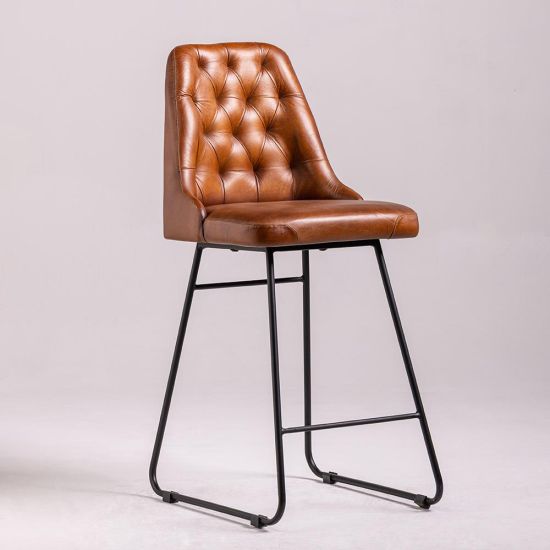 Hague Bar Stool - Tan Real Leather Seat - Black Base - 66cm
