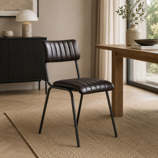 Diner Dining Chair - Grey Ribbed Leather Seat - Natural Grey Metal Frame