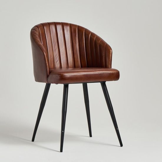 Wilson Dining Chair - Brown Real Leather Seat - Black Metal Base