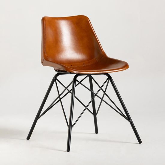 Cross Leg Dining Chair - Plain Tan Real Leather Seat - Black Base