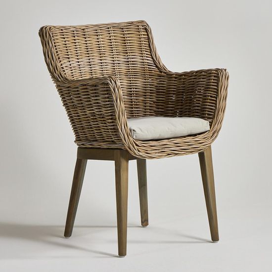 Kube Dining Chair - Rattan Wicker Cane Grey Cushioned Seat - Natural Wood Base